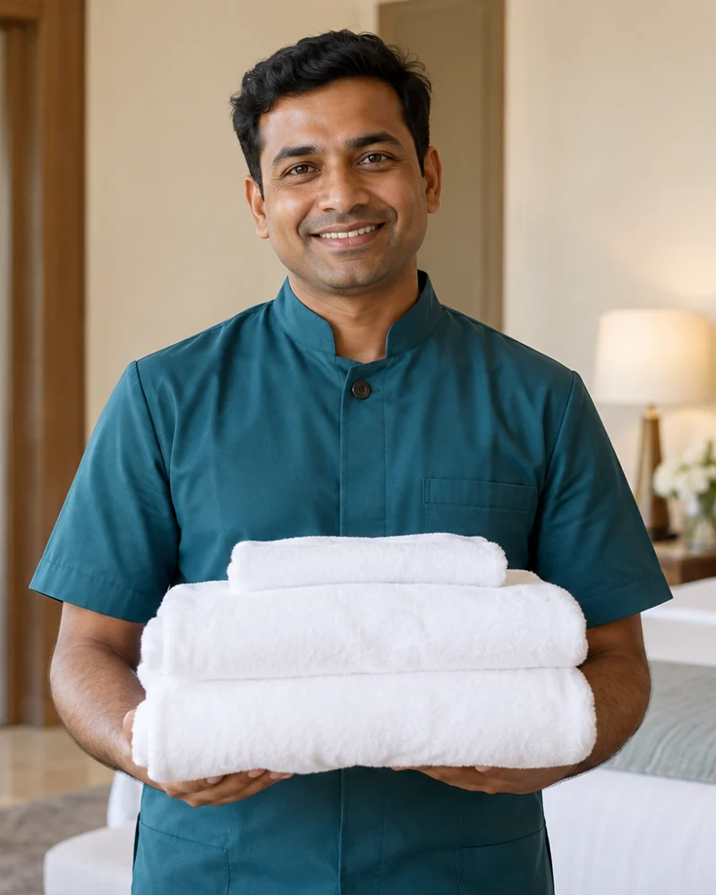 A professional male housekeeper holding fresh towels in a bright home